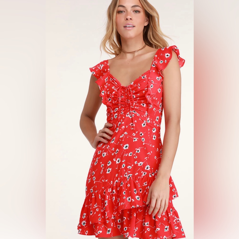 Lulus red/orange floral dress, size M